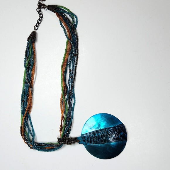 Mother of Pearl Pendant Necklace Dyed Ocean Blue Beaded Multi-Strand 24 in. - Picture 4 of 9
